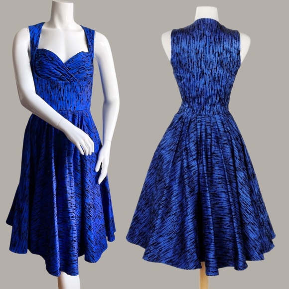 Laura Byrne Blue Flocked Vintage Fit Flare Retro Swing Dress Prom Wedding Formal - Picture 1 of 15